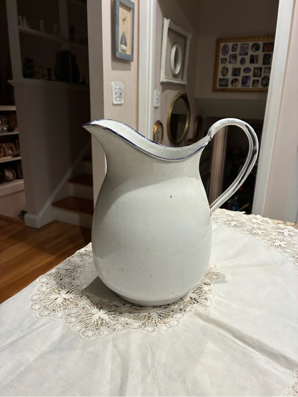 Antique L&G Manufacturing Co. White Enamelware Water Pitcher With Blue Trim